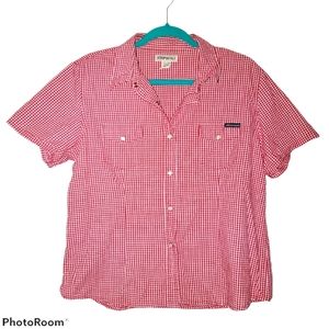 Aeropostale Women's Short Sleeve Collared Snap Up Top Red & White Check 535